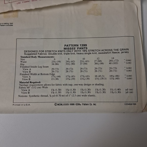 Kwik Sew 1399 Vintage 1984 Sewing Pattern Misses Pants 6-14 Stretch Knit Jogger - Picture 5 of 6